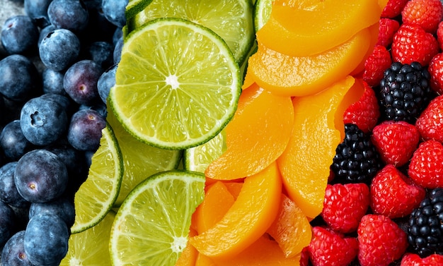 Colorful collage of fruits texture close up