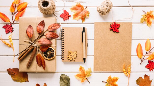 Colorful composition with autumn leaves, gift and notebook