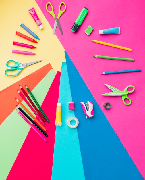 Colorful craft accessories arranged in circular shape