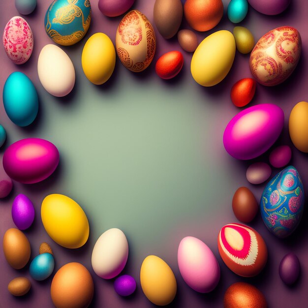 Free photo a colorful display of easter eggs is displayed on a purple background.
