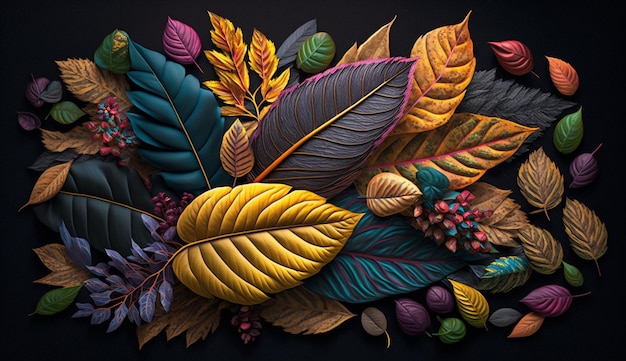 Foto gratuita un display colorato di foglie con la parola 