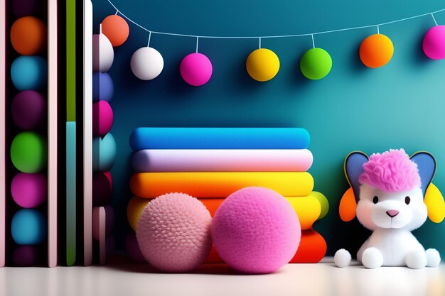 Free photo a colorful display of toys and a cat with a pink hair bow sits in front of a blue wall.