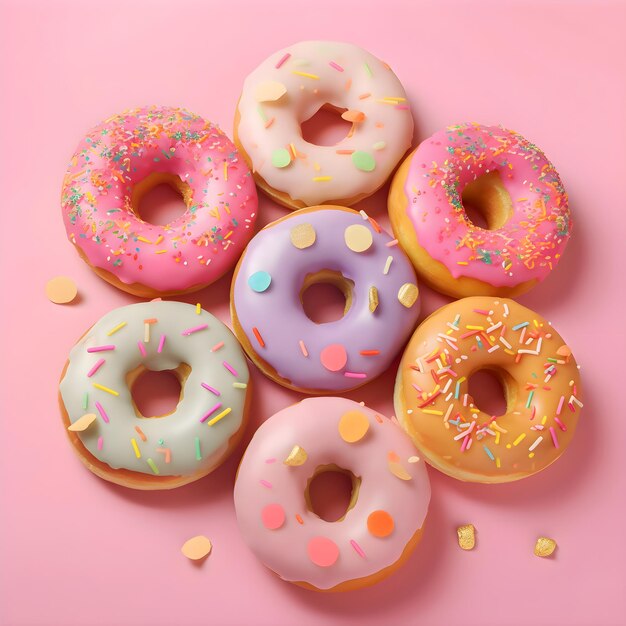 Colorful donuts with sprinkles on pink background top view