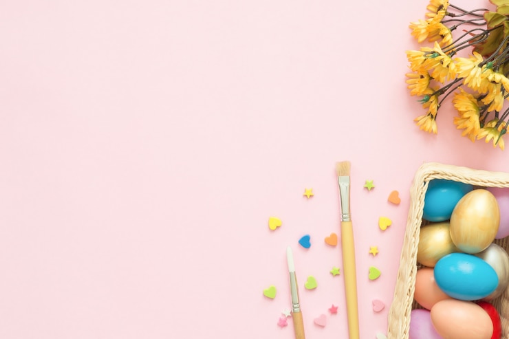 Free Photo colorful easter egg painted in pastel colors composition with paint brush