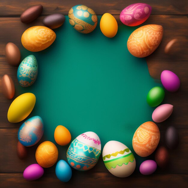 A colorful easter egg wreath is arranged in a circle on a green background.