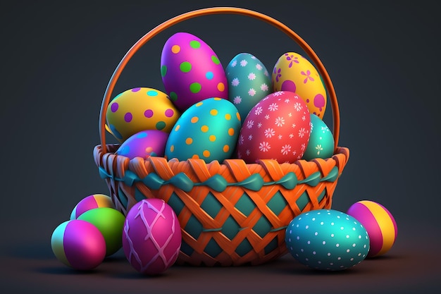 Красочные пасхальные яйца в корзине с яркими счастливыми цветами
