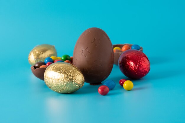 Colorful Easter eggs on blue background