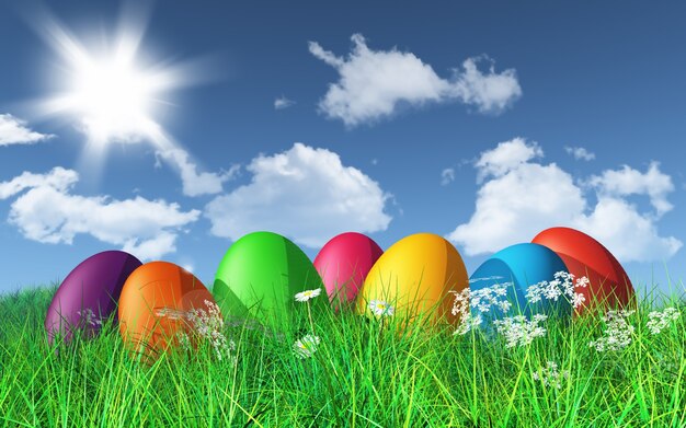 Colorful easter eggs in the grass