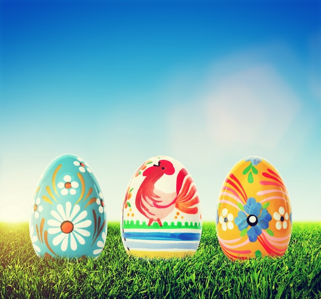Colorful easter eggs on the grass