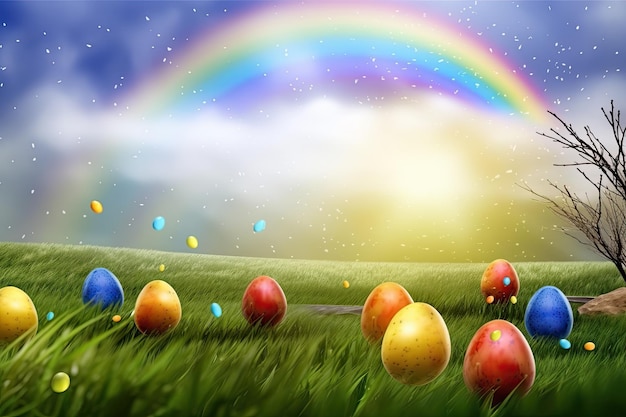 Free photo colorful easter eggs and rainbow in the meadow