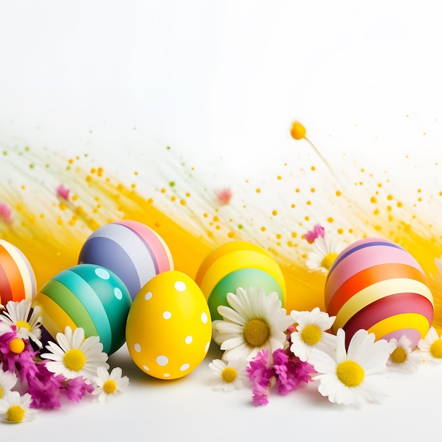 Free photo colorful easter eggs with daisy flowers and white background