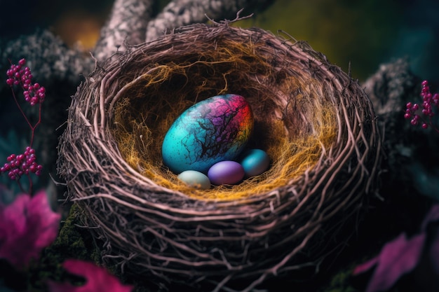 Free photo a colorful egg in a nest with a purple egg inside.