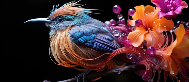 Colorful exotic bird on a branch with flowers isolated on black background