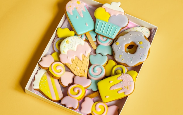 Colorful festive gingerbread cookies of different shapes covered with glaze.