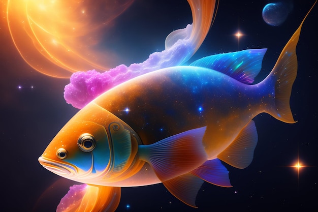 우주의 배경에는 형형색색의 물고기가 있다.