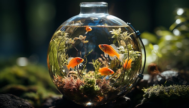 The colorful fish swim gracefully in the tranquil underwater garden generated by artificial intelligence