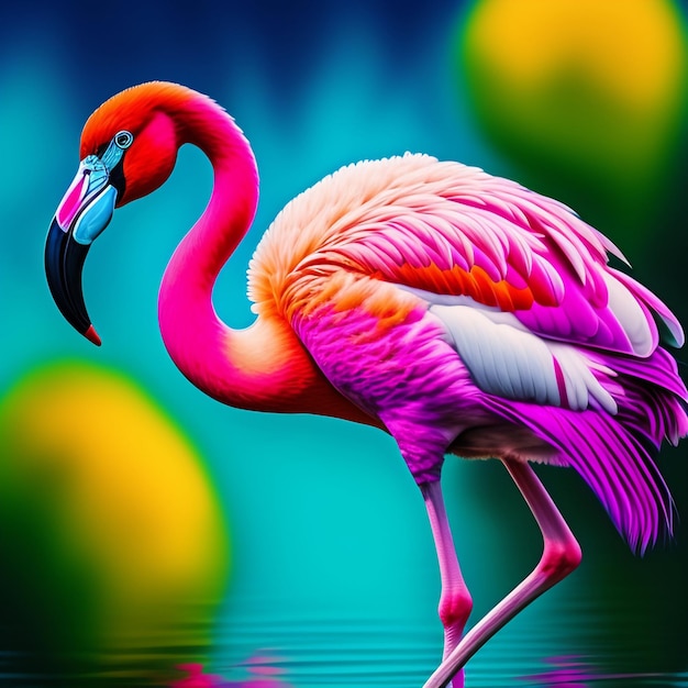 A colorful flamingo is standing in the water and the background is colorful.