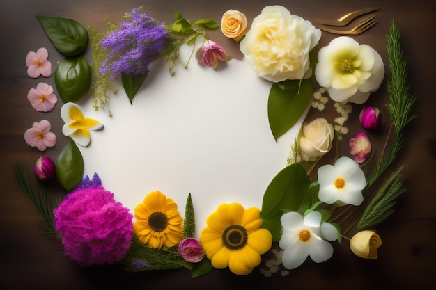 A colorful floral frame with a gold fork and a white plate with flowers on it.
