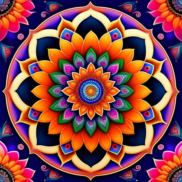 A colorful floral pattern with a flower in the middle.