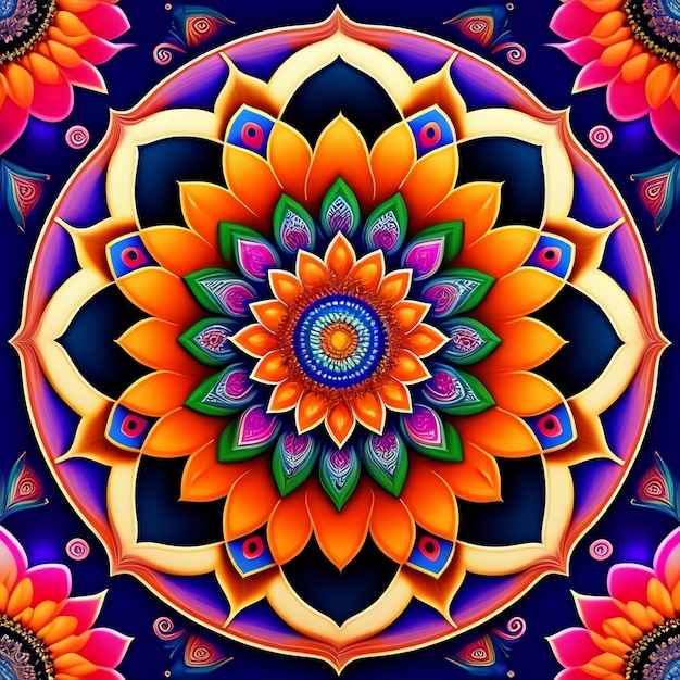 A colorful floral pattern with a flower in the middle.