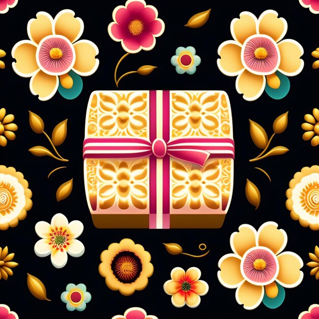 검정색 배경에 선물 상자가 있는 화려한 꽃 패턴입니다.
