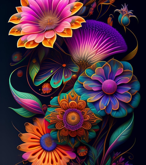 A colorful floral poster with a flower on it.