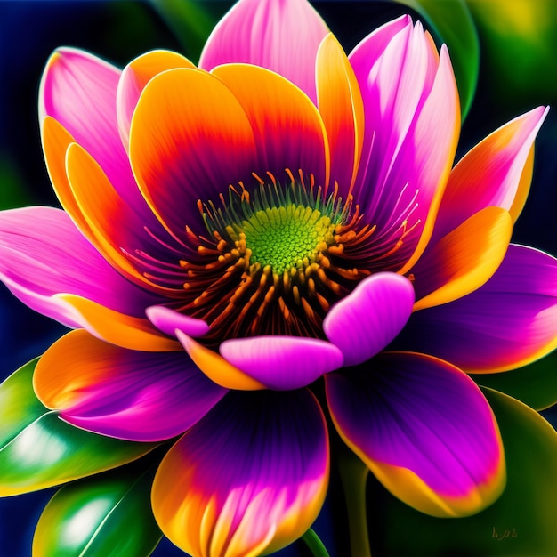 A colorful flower is painted on a black background.