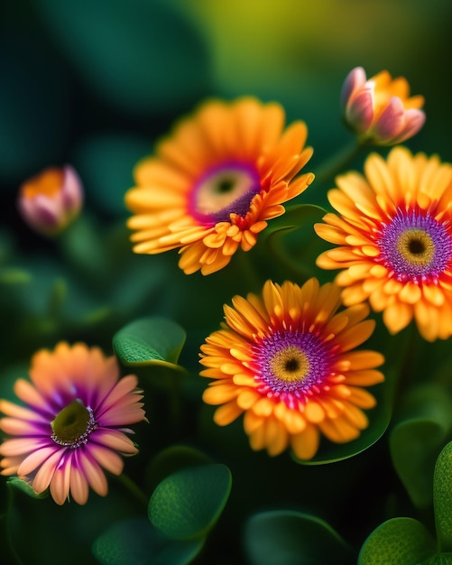 Free photo a colorful flower is in a pot with a green leaf.