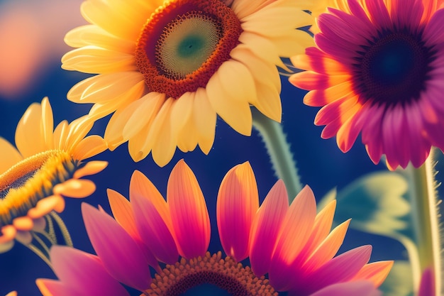 A colorful flower is in a vase with the word sun on it.