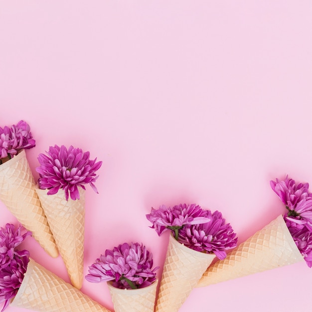 Colorful flowers in waffle cones