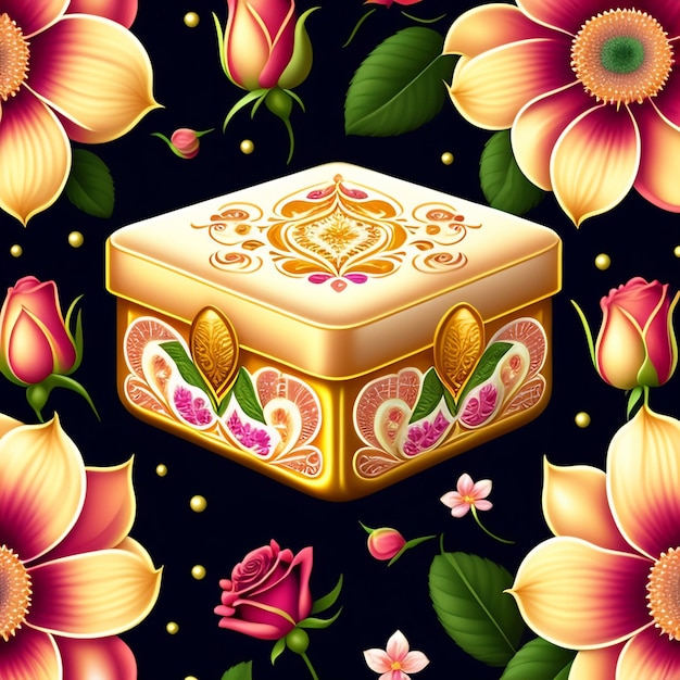 Free photo a colorful flowery design with a gold box on it