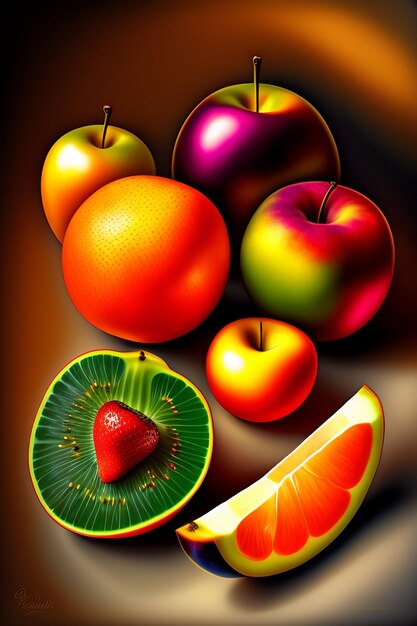 テーブルの上には色とりどりのフルーツが飾られています。