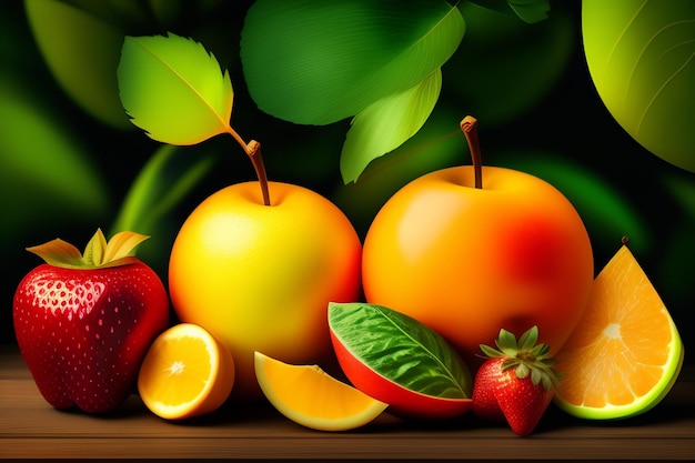 Free photo a colorful fruit is on a table with a green leaf.