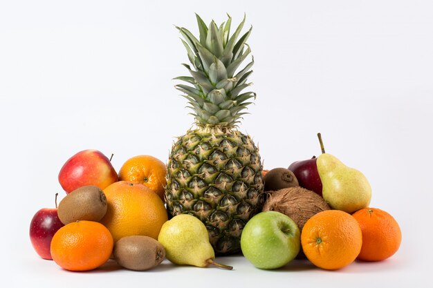 Colorful fruits tasty fresh ripe juicy on a white desk