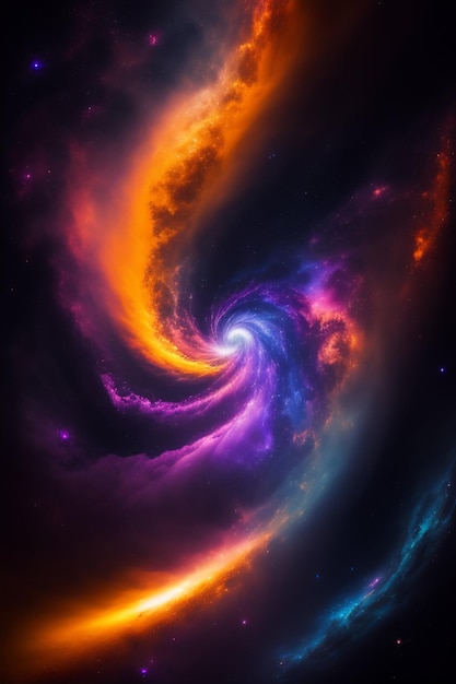A colorful galaxy with a spiral design in purple and orange.