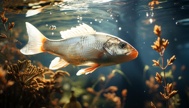 A colorful goldfish swims gracefully in the clear blue water generated by artificial intelligence