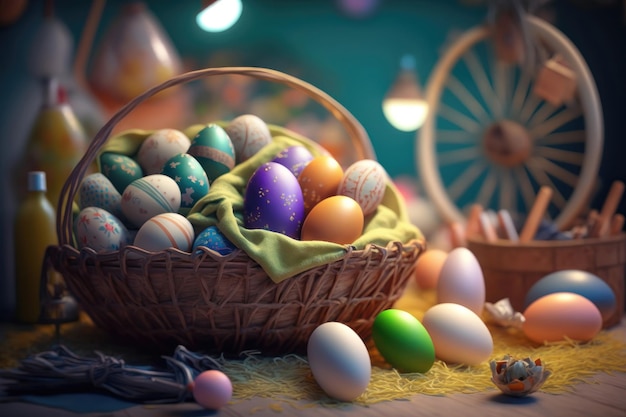 Colorful Happy Easter eggs in basket on table