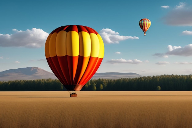 Una colorata mongolfiera in un campo con alberi sullo sfondo.