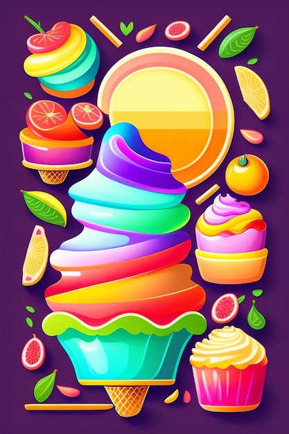 A colorful ice cream cone with different flavors