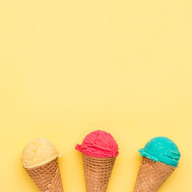 Colorful ice cream in sugar cones