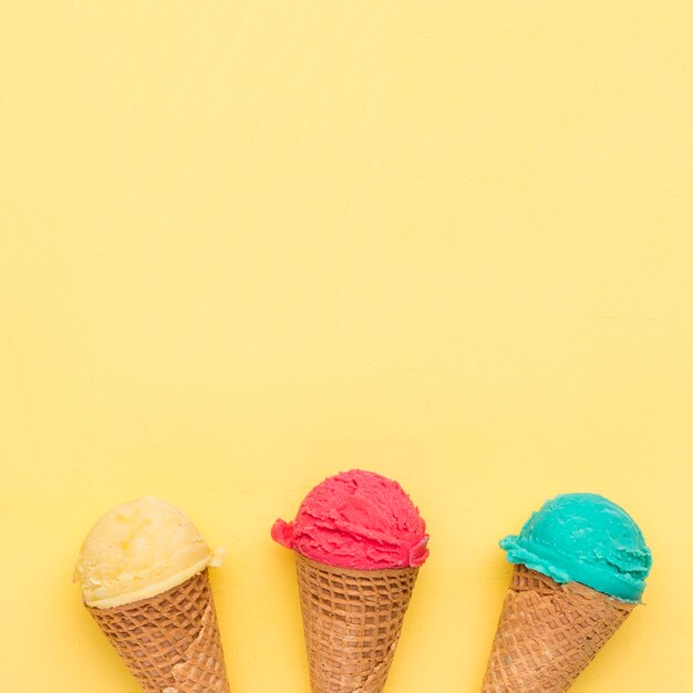 Colorful ice cream in sugar cones