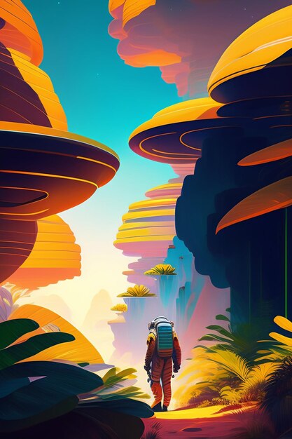 Красочная иллюстрация человека, идущего по лесу с гигантским грибоподобным деревом.