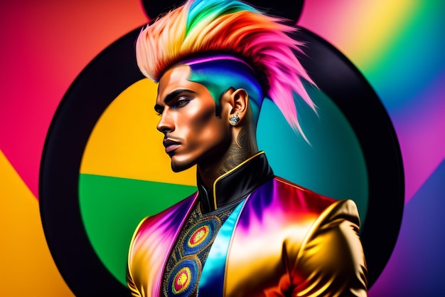 Free photo a colorful illustration of a man with rainbow hair and a rainbow colored wig.