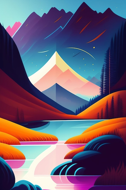 Free photo a colorful illustration of mountains and a lake.