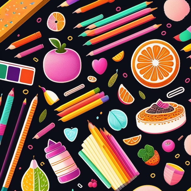 A colorful illustration of school supplies including an apple apple a cup of coffee