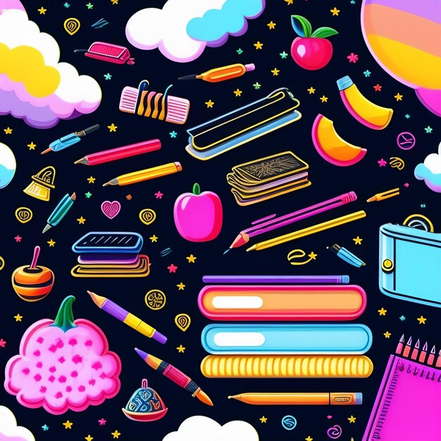 A colorful illustration of school supplies including pencils, books, and a bag.