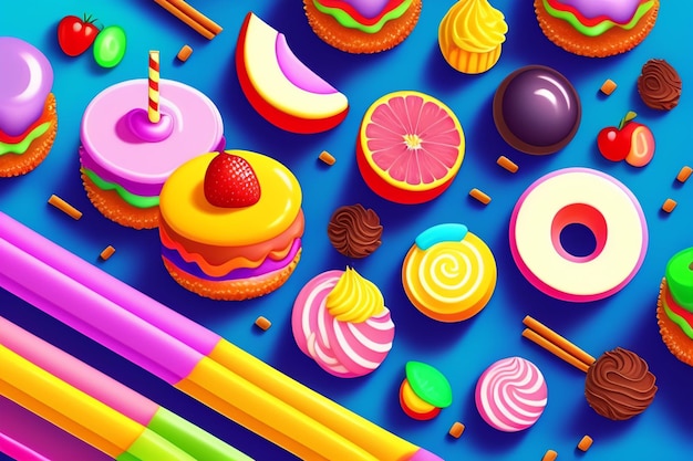 Foto gratuita un'illustrazione colorata di dolci e una matita con sopra la parola caramella.