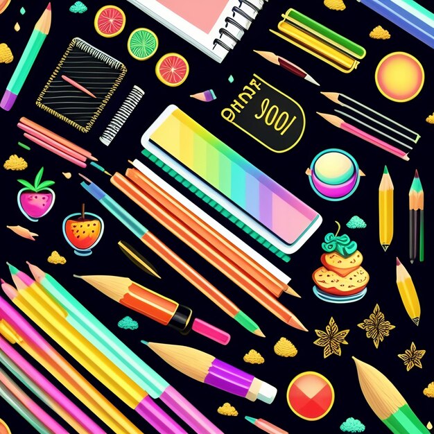 さまざまな色鉛筆と黒板のカラフルなイラスト。