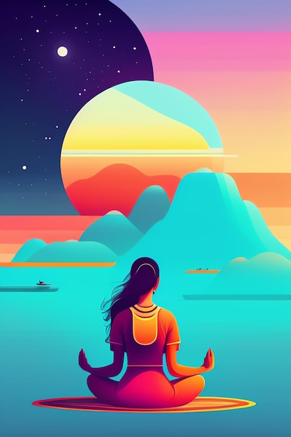 A colorful illustration of a woman looking out over a lake.