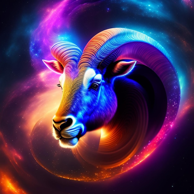 Free photo a colorful image of a ram with a blue face and a purple background.